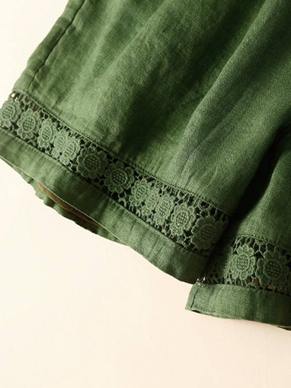 Mary Women's Woven Cotton Linen Hollow Lace Loose Shorts