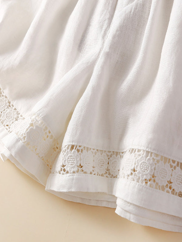 Mary Women's Woven Cotton Linen Hollow Lace Loose Shorts