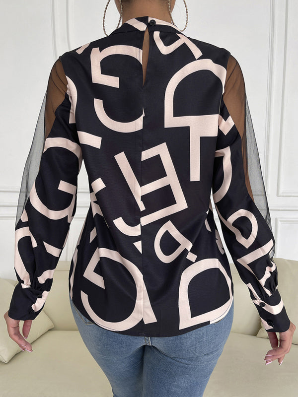Amarissa Women's Geometric Print Stitching Mesh Round Neck Long-Sleeved Top