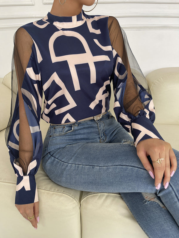 Amarissa Women's Geometric Print Stitching Mesh Round Neck Long-Sleeved Top