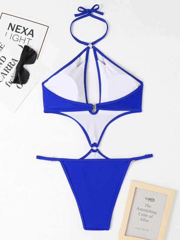 Luisa New One-Piece Multicolor Hollow Sexy Pearl Chain Halter Neck Swimsuit