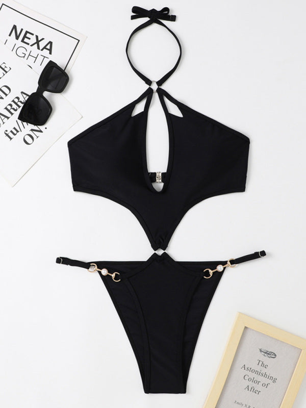 Luisa New One-Piece Multicolor Hollow Sexy Pearl Chain Halter Neck Swimsuit