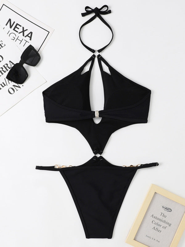 Luisa New One-Piece Multicolor Hollow Sexy Pearl Chain Halter Neck Swimsuit