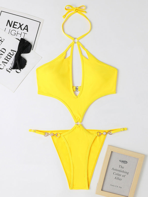 Luisa New One-Piece Multicolor Hollow Sexy Pearl Chain Halter Neck Swimsuit
