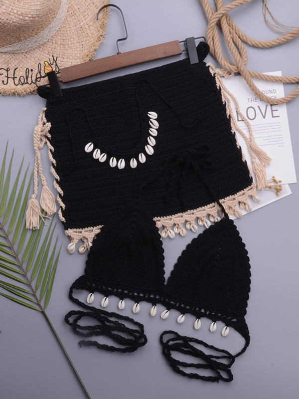 Elisabeth Beach Vacation Handmade Shell Solid Color Strappy Split Swimsuit Suit