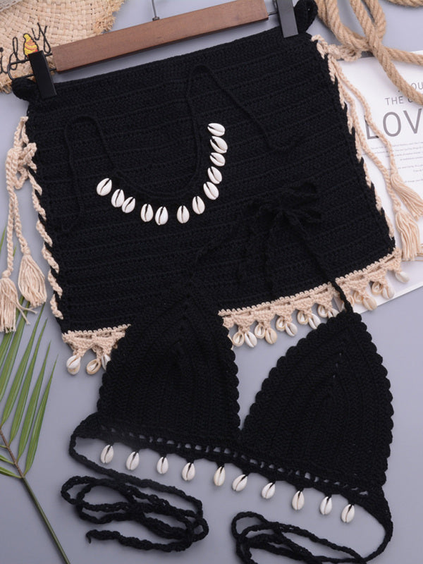 Elisabeth Beach Vacation Handmade Shell Solid Color Strappy Split Swimsuit Suit
