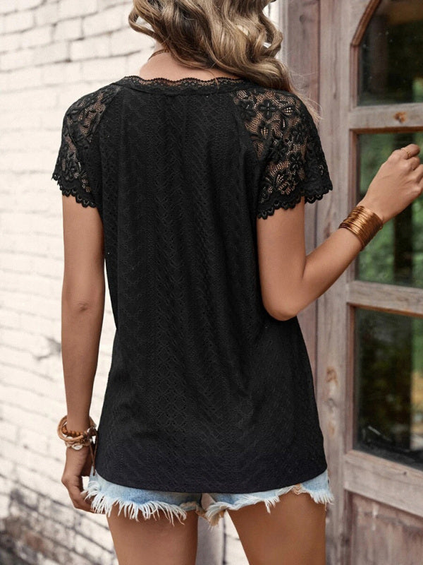 Gianna Women's Summer New V-Neck Short-Sleeved Stitching Lace Sleeve Women's Top