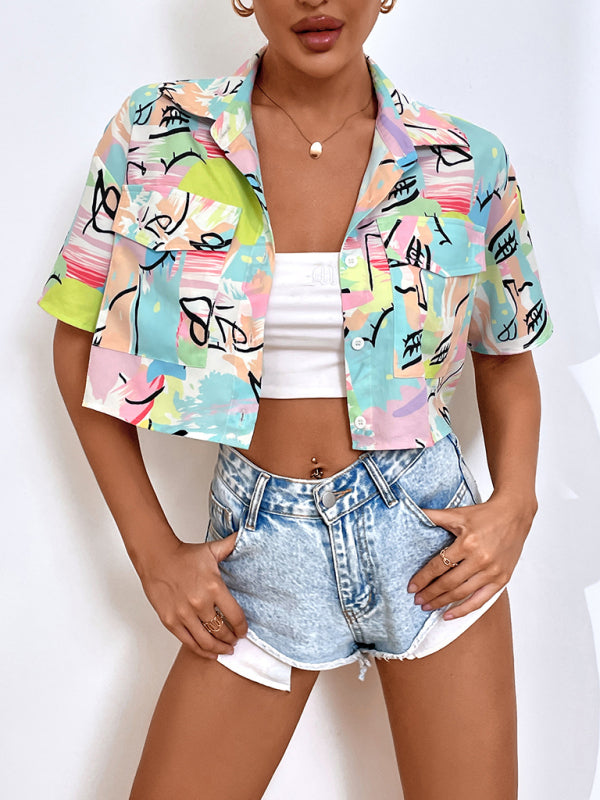 Demetria Women's Casual Fashion Street Cropped Graffiti Print Short Sleeve Shirt
