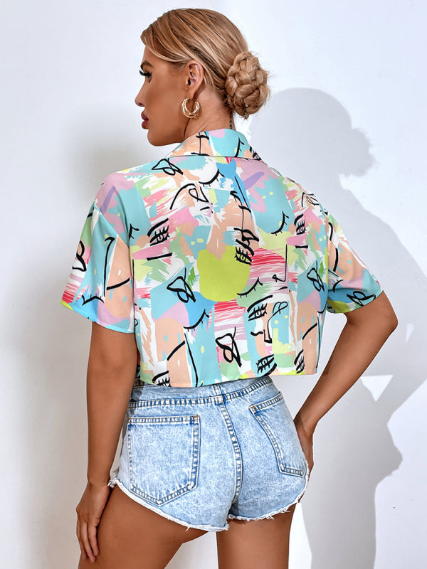 Demetria Women's Casual Fashion Street Cropped Graffiti Print Short Sleeve Shirt