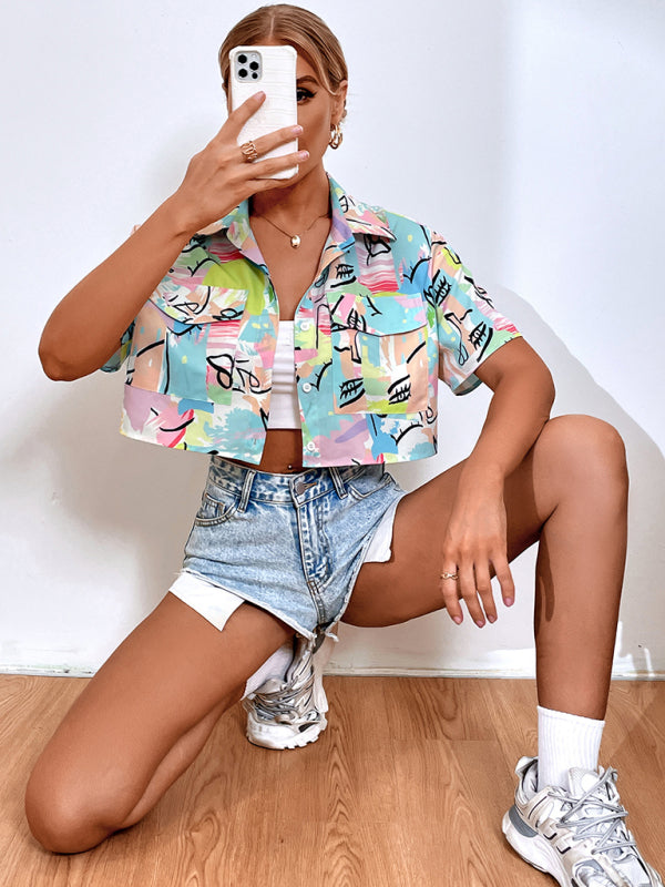 Demetria Women's Casual Fashion Street Cropped Graffiti Print Short Sleeve Shirt