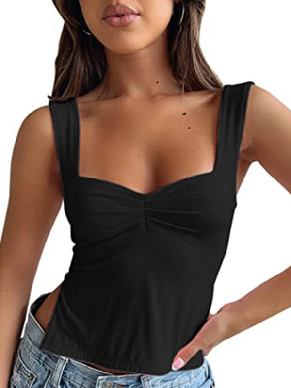 Emberlyn Women's Solid Color Retro Wide Straps Slim Chest Pleated Tank Top