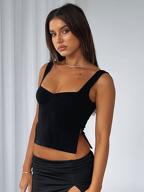 Emberlyn Women's Solid Color Retro Wide Straps Slim Chest Pleated Tank Top