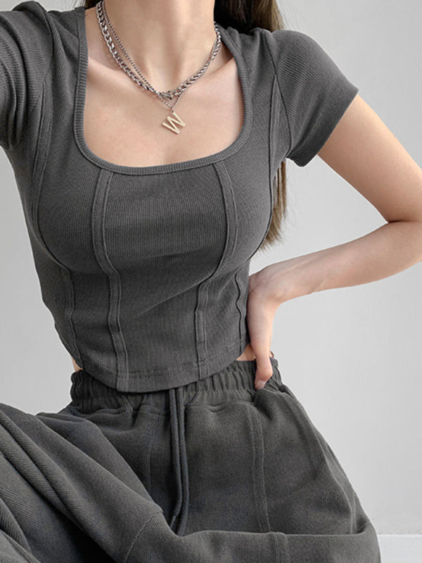 Aleah Women's Retro Three-Dimensional Herringbone Line Slim Square Neck Short Sleeve T-Shirt