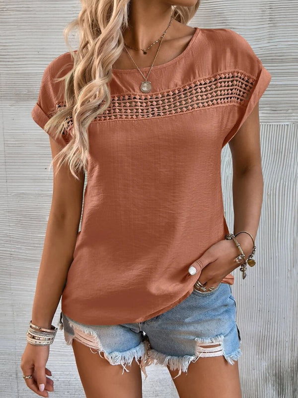 Avalon Women's Summer New Casual Solid Color Stitching Lace Hollow Short-Sleeved Top