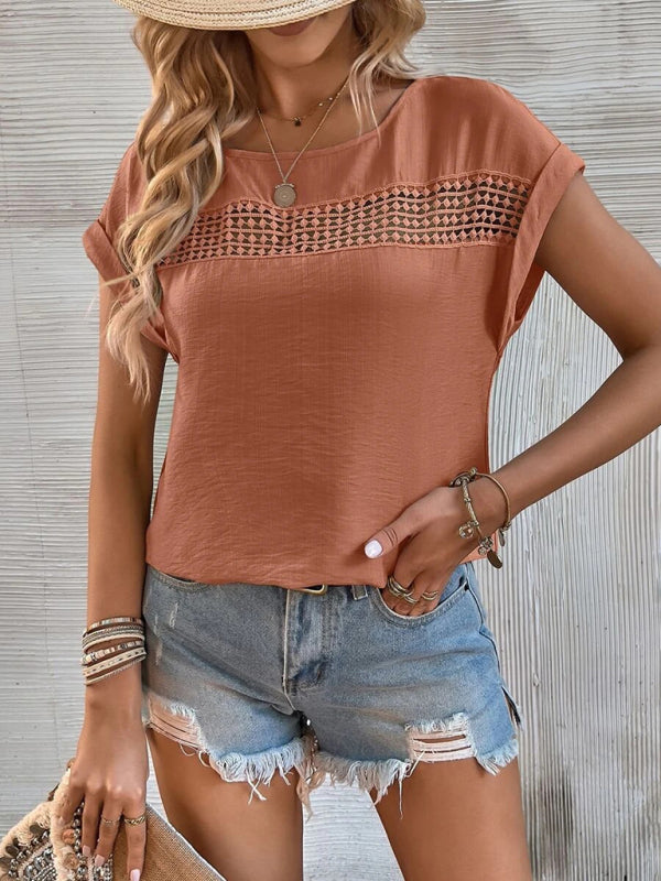 Avalon Women's Summer New Casual Solid Color Stitching Lace Hollow Short-Sleeved Top