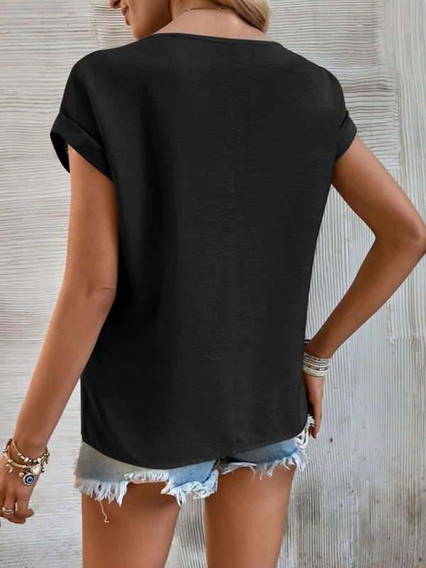 Avalon Women's Summer New Casual Solid Color Stitching Lace Hollow Short-Sleeved Top