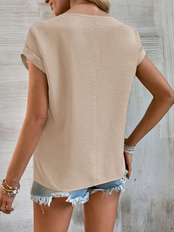Avalon Women's Summer New Casual Solid Color Stitching Lace Hollow Short-Sleeved Top