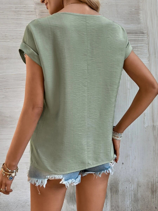 Avalon Women's Summer New Casual Solid Color Stitching Lace Hollow Short-Sleeved Top