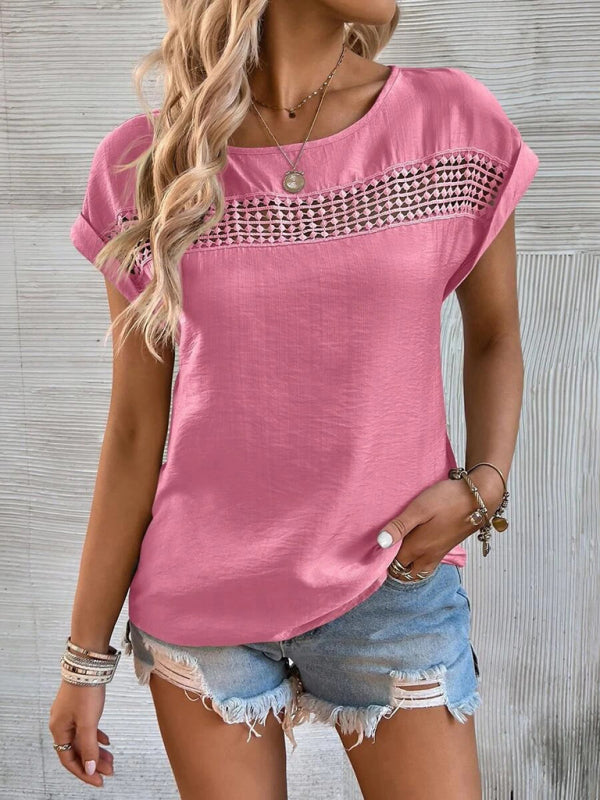 Avalon Women's Summer New Casual Solid Color Stitching Lace Hollow Short-Sleeved Top
