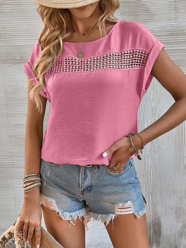Avalon Women's Summer New Casual Solid Color Stitching Lace Hollow Short-Sleeved Top
