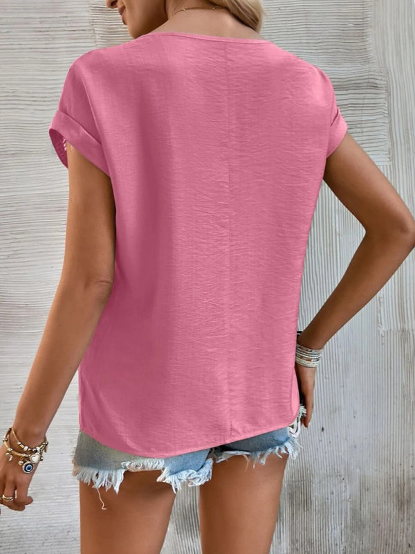 Avalon Women's Summer New Casual Solid Color Stitching Lace Hollow Short-Sleeved Top