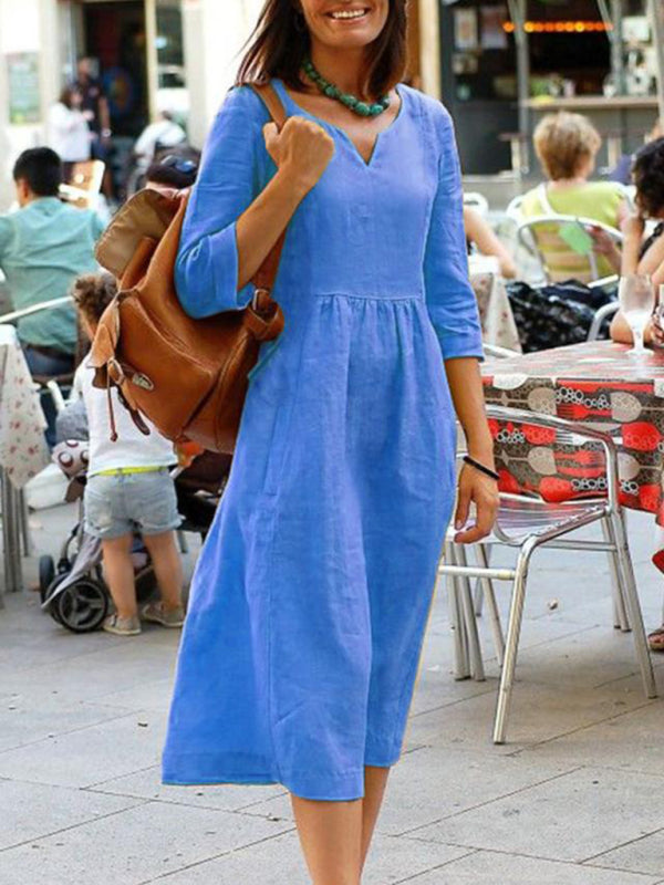 Cielo Women's Solid Color V-Neck Long Sleeve Dress