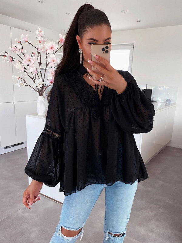 Audrina Women's Chiffon Stitching Lace Loose Balloon Sleeve Top Shirt