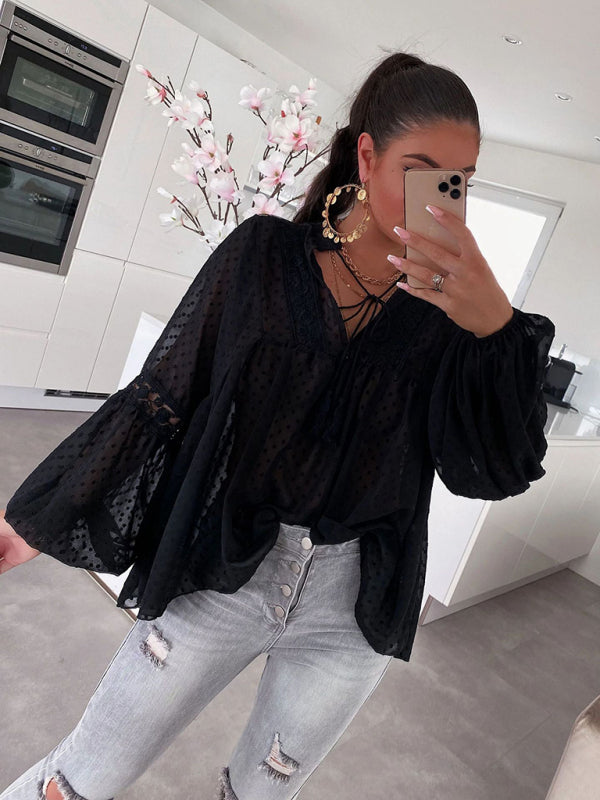 Audrina Women's Chiffon Stitching Lace Loose Balloon Sleeve Top Shirt