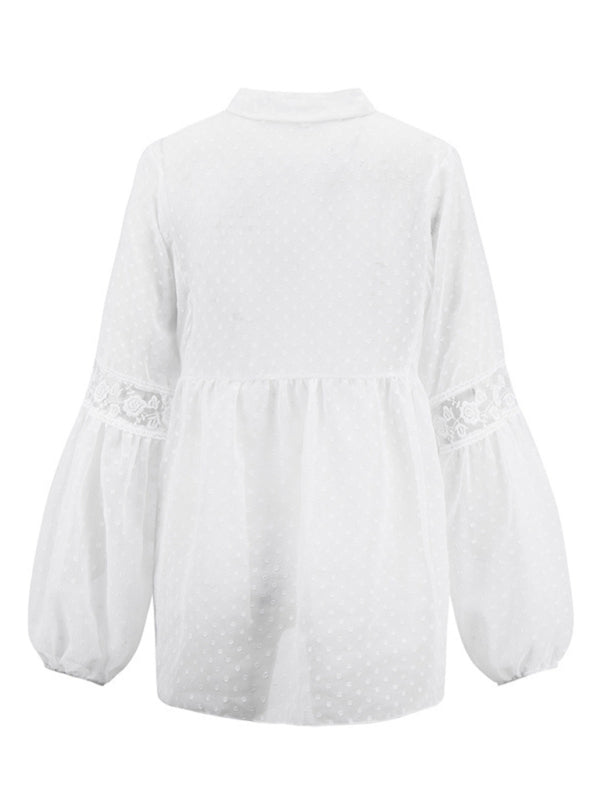Audrina Women's Chiffon Stitching Lace Loose Balloon Sleeve Top Shirt