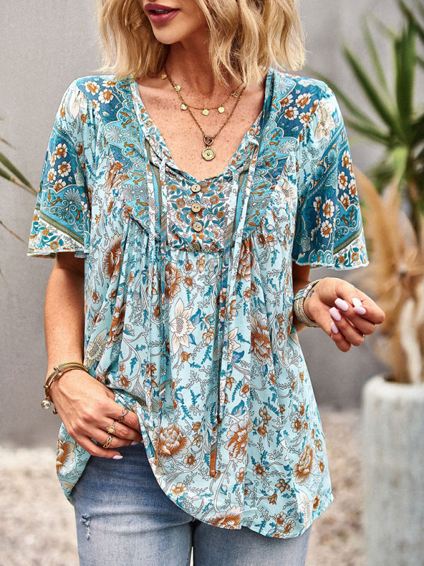 Astrid Women's V Neck Short Sleeve Printed Shirt