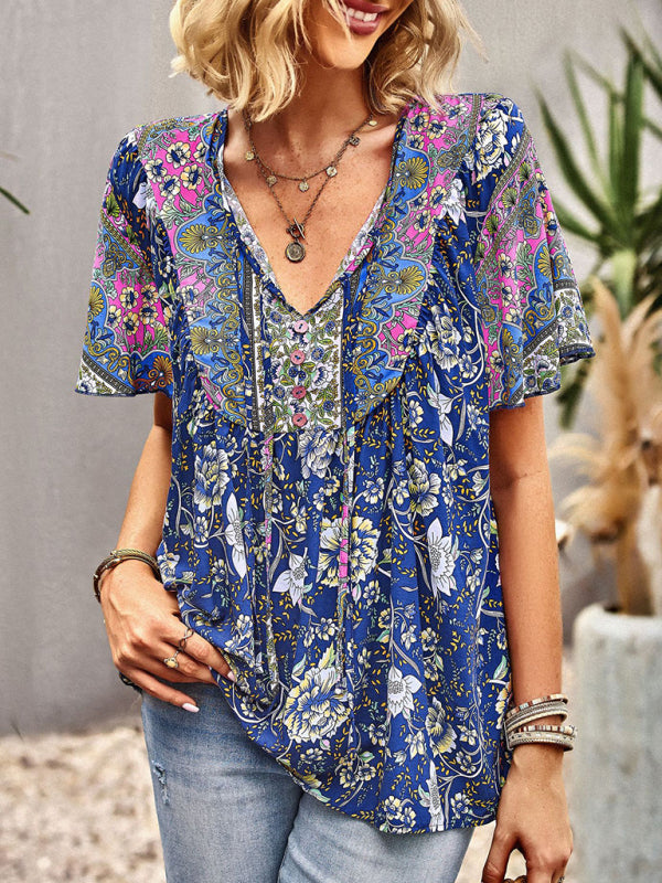 Astrid Women's V Neck Short Sleeve Printed Shirt
