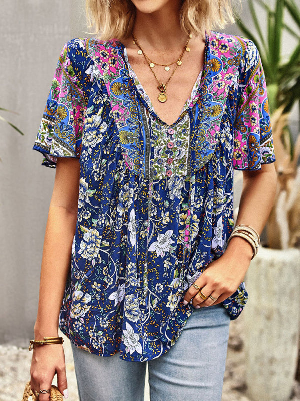 Astrid Women's V Neck Short Sleeve Printed Shirt