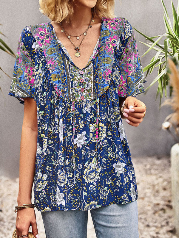 Astrid Women's V Neck Short Sleeve Printed Shirt