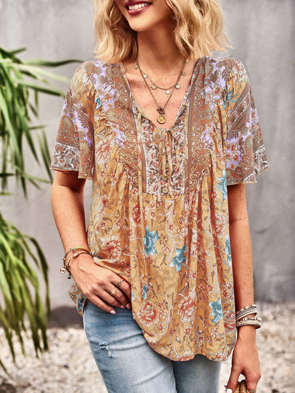 Astrid Women's V Neck Short Sleeve Printed Shirt