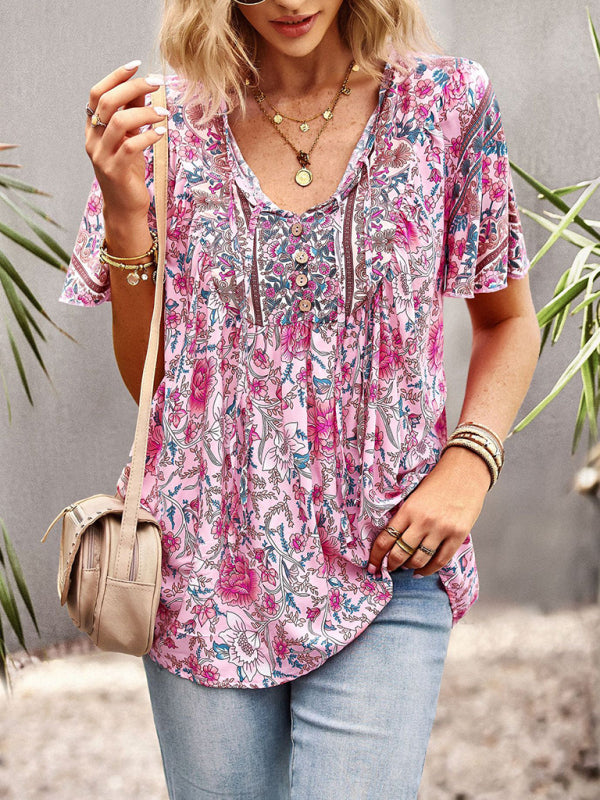 Astrid Women's V Neck Short Sleeve Printed Shirt