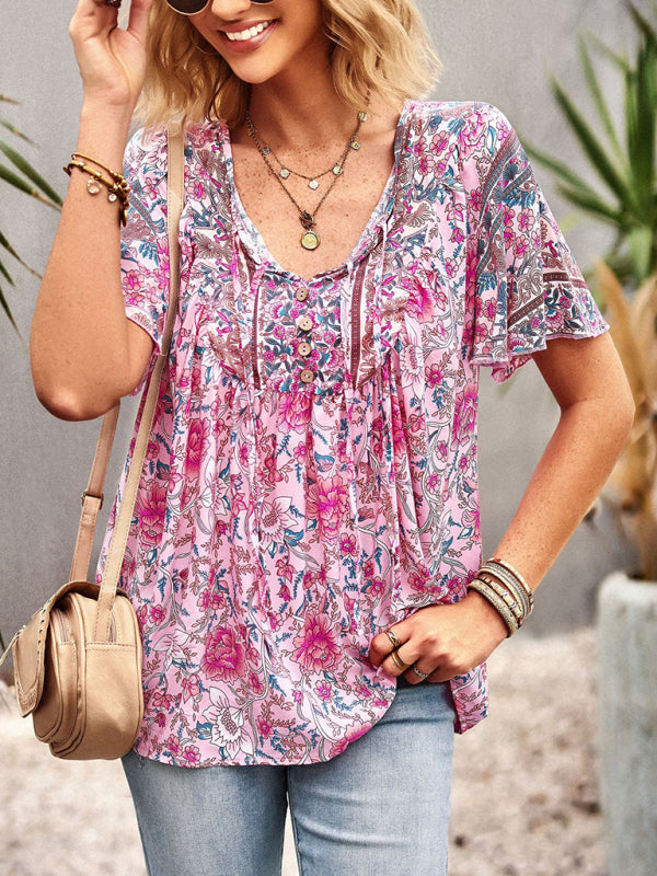 Astrid Women's V Neck Short Sleeve Printed Shirt