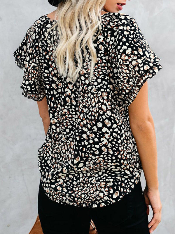 Callidora Women's Printed V-Neck Half Cardigan Loose Short-Sleeved Shirt