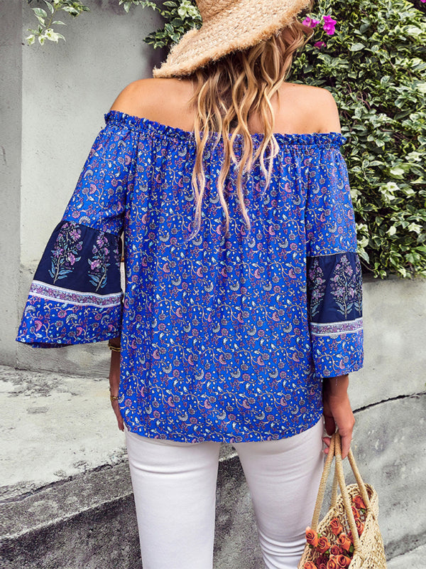 Daphnee Women's Bohemian Print Loose Off Shoulder Shirt