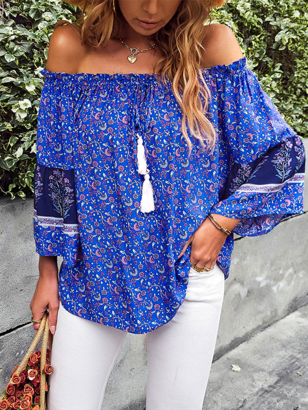 Daphnee Women's Bohemian Print Loose Off Shoulder Shirt