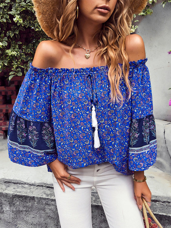 Daphnee Women's Bohemian Print Loose Off Shoulder Shirt