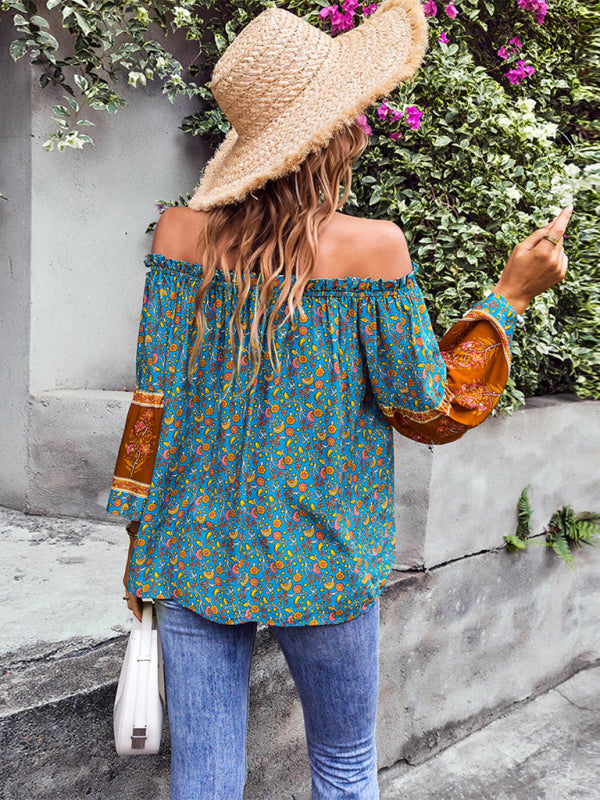 Daphnee Women's Bohemian Print Loose Off Shoulder Shirt