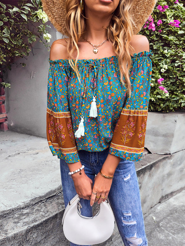 Daphnee Women's Bohemian Print Loose Off Shoulder Shirt