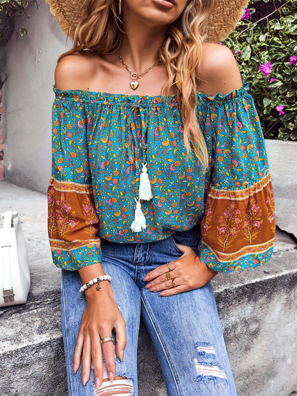 Daphnee Women's Bohemian Print Loose Off Shoulder Shirt