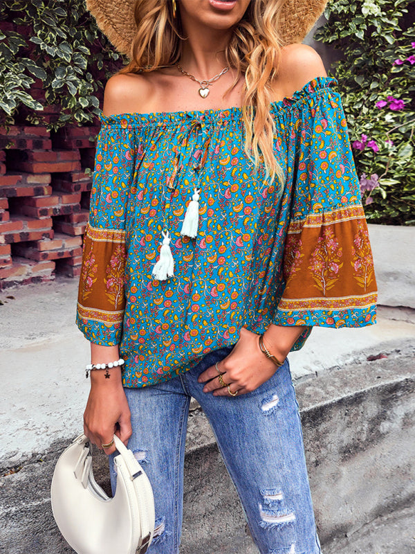 Daphnee Women's Bohemian Print Loose Off Shoulder Shirt
