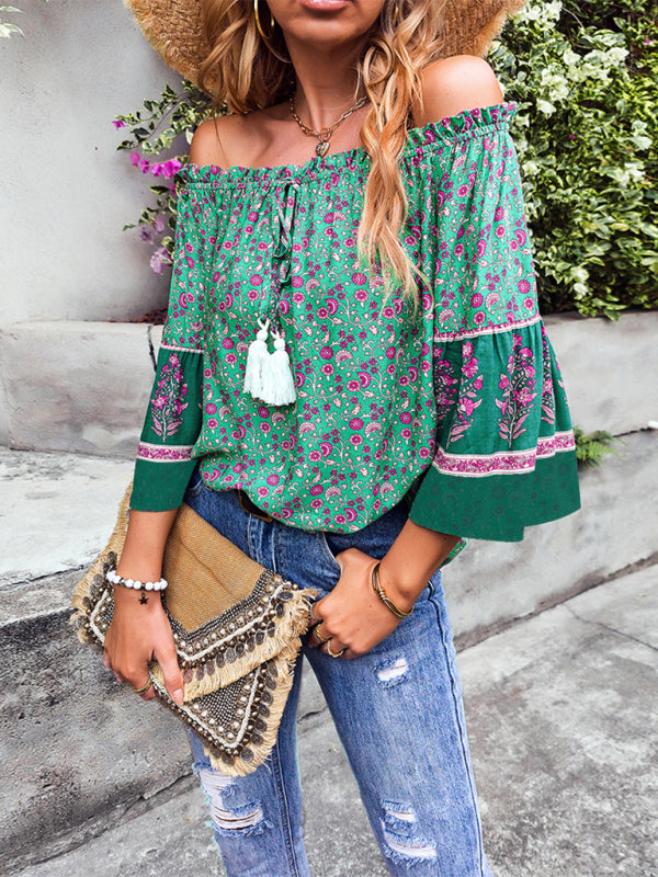 Daphnee Women's Bohemian Print Loose Off Shoulder Shirt