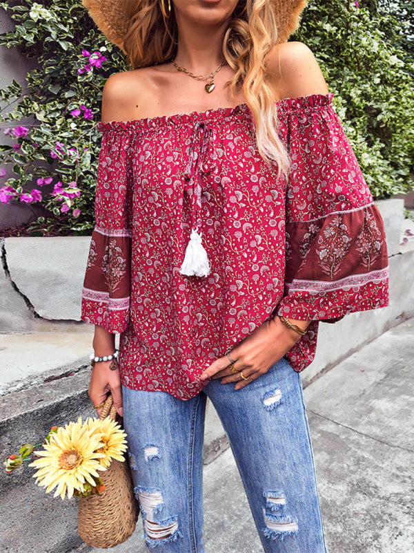 Daphnee Women's Bohemian Print Loose Off Shoulder Shirt