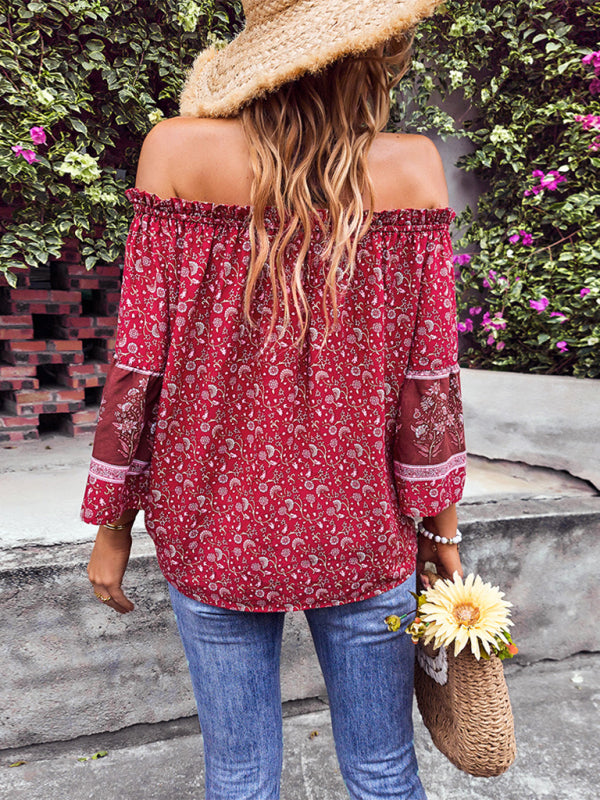 Daphnee Women's Bohemian Print Loose Off Shoulder Shirt