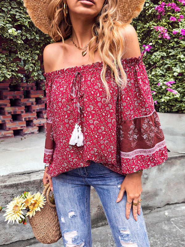 Daphnee Women's Bohemian Print Loose Off Shoulder Shirt