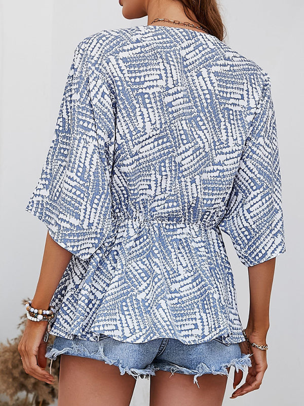Brittania New Style Shirt European And American V-Neck Bat Sleeve Loose Waist Printed Top