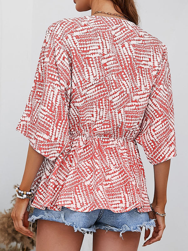 Brittania New Style Shirt European And American V-Neck Bat Sleeve Loose Waist Printed Top